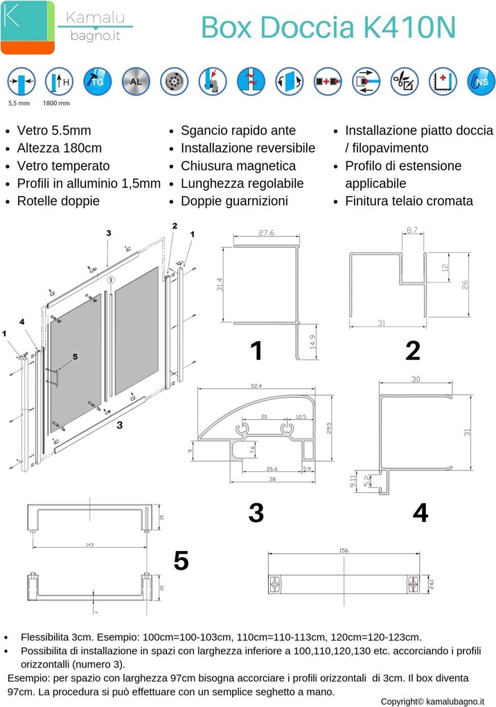 Box doccia a nicchia 120cm vetro serigrafato altezza 180cm K410N - KAMALU