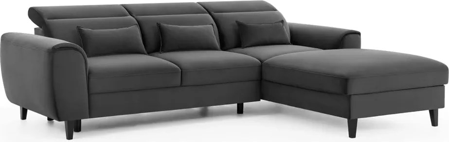 Divano angolare grigio scuro allungabile/con contenitore (con penisola a destra/con chaise lounge) e rivestimento in velluto Foble – ELTAP