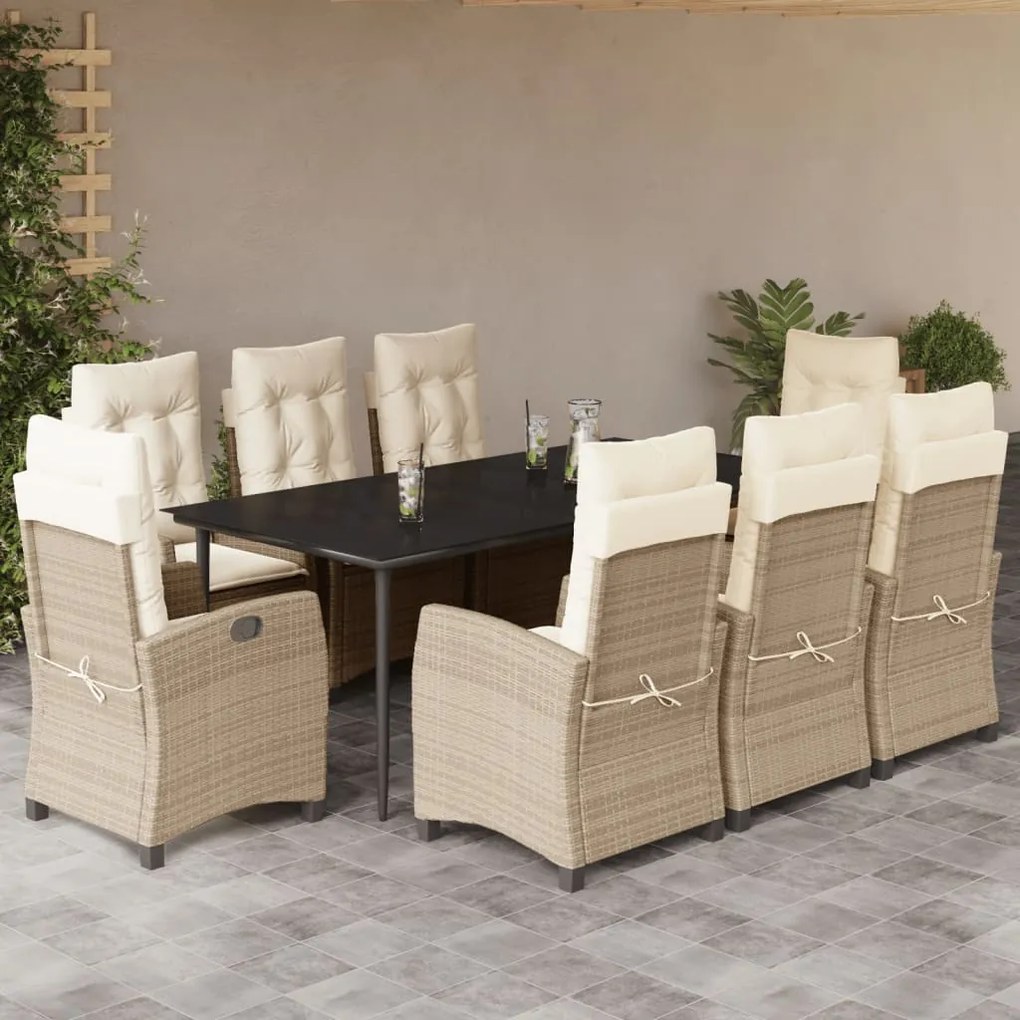 Set da pranzo da giardino 9 pz con cuscini beige in polyrattan