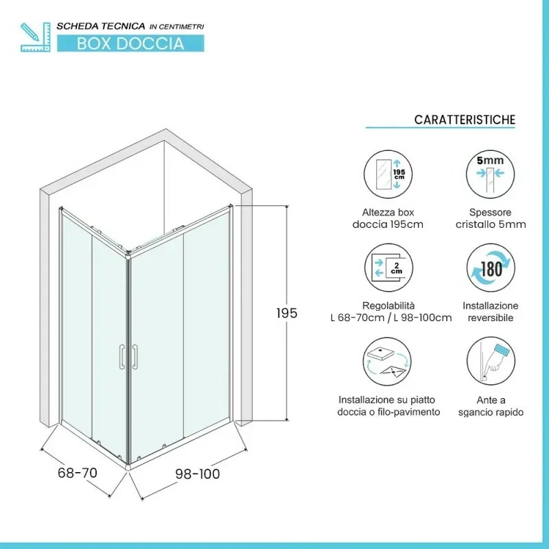 Box doccia angolare 70x100 cm doppio scorrevole vetro trasparente Tay