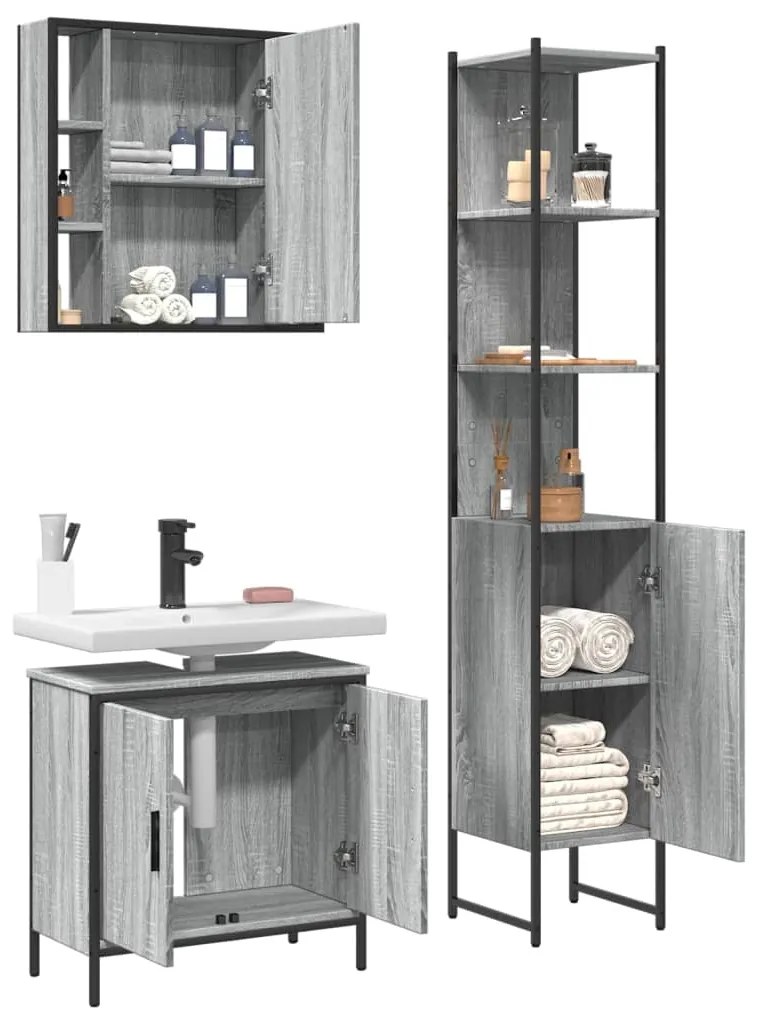 Set mobili da bagno 3 pz grigio sonoma in legno multistrato