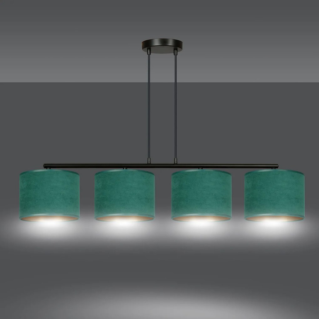 Lampadario 4 Luci Ganesha In Acciaio Nero E Paralumi In Tessuto Verde