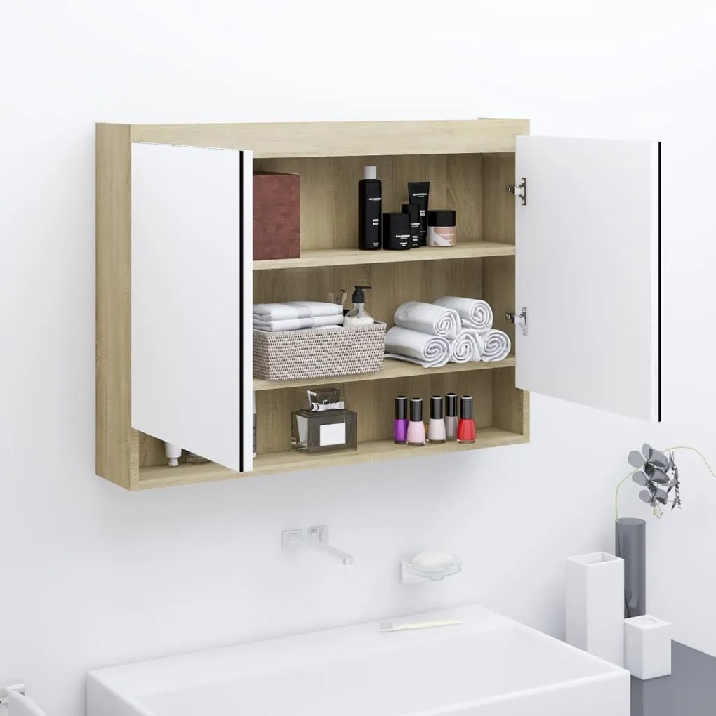 Armadietto bagno con specchio 80x15x60cm in mdf bianco e rovere