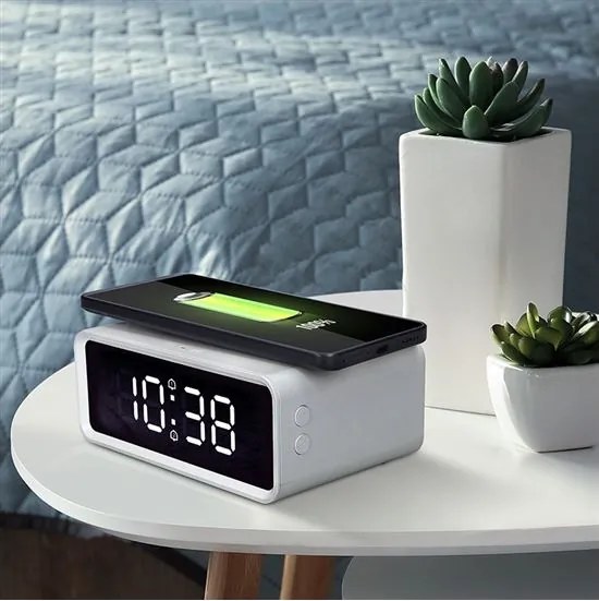 Solight CA07W - Orologio digitale con caricatore wireless Qi 230V/CR2032 bianco