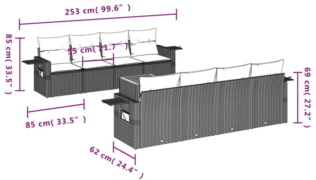 Set divani da giardino 9 pz con cuscini nero in polyrattan