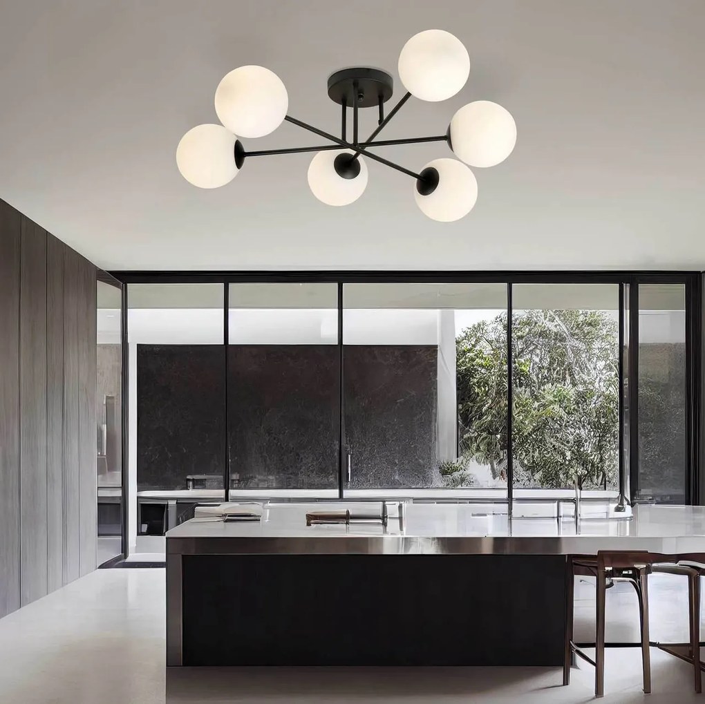 Lampadario Roma 6 Nero con sfere Bianche Satinate E14 da soffitto