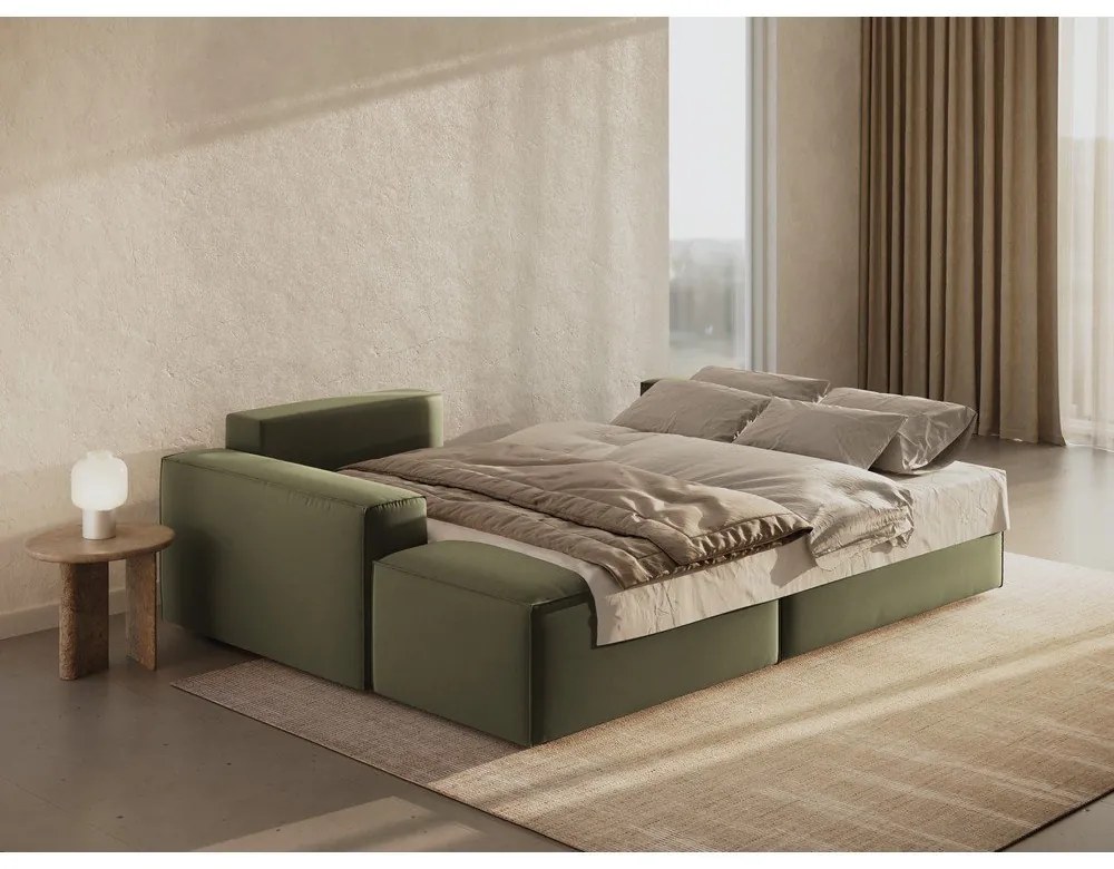 Divano angolare verde allungabile/con contenitore (con penisola a sinistra/con chaise lounge) con rivestimento in velluto Jodie – Micadoni