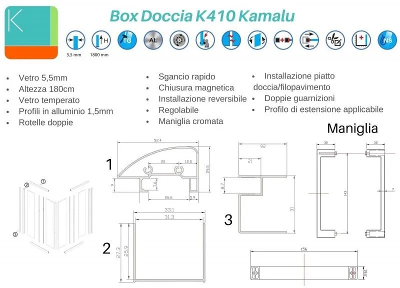 Kamalu - box doccia 140x70 altezza 180 cm cristallo trasparente k410