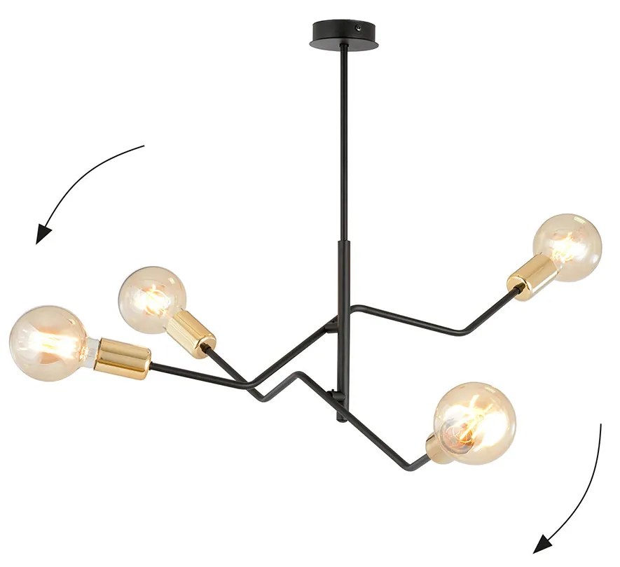 Sospensione Industrial 4 Luci Temi In Acciaio Nero E Oro Bracci Regolabili