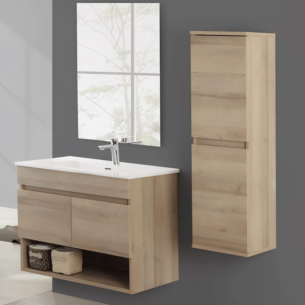 Mobile Bagno Sospeso 80 Cm Due Ante Vano a Giorno Specchio a Filo 80x60 Cm Feridras "Revital" Rovere Di Bordeaux