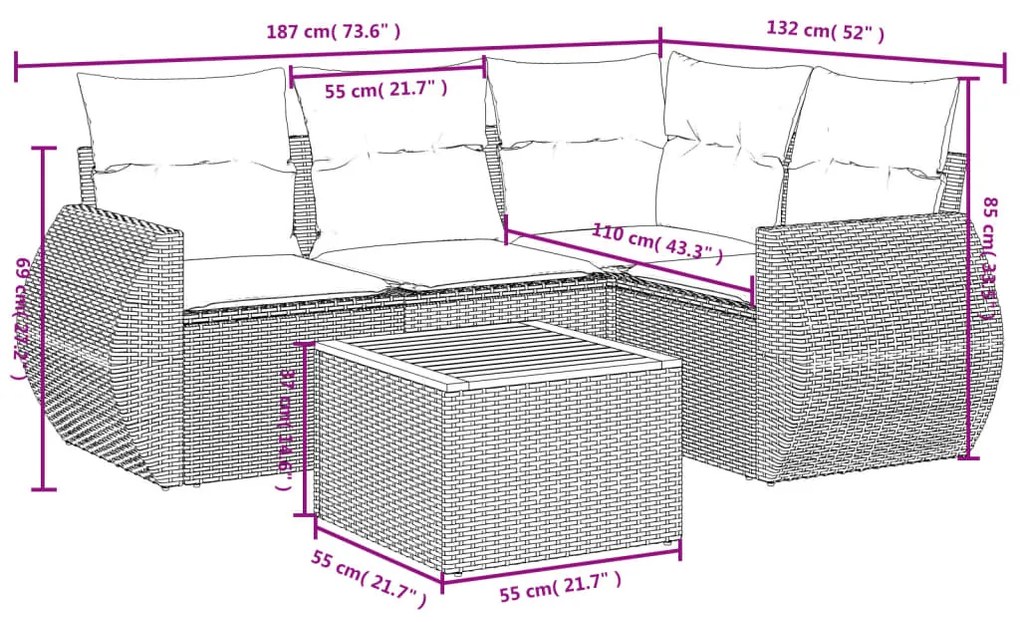 Set Divani da Giardino 5 pz con Cuscini in Polyrattan Nero