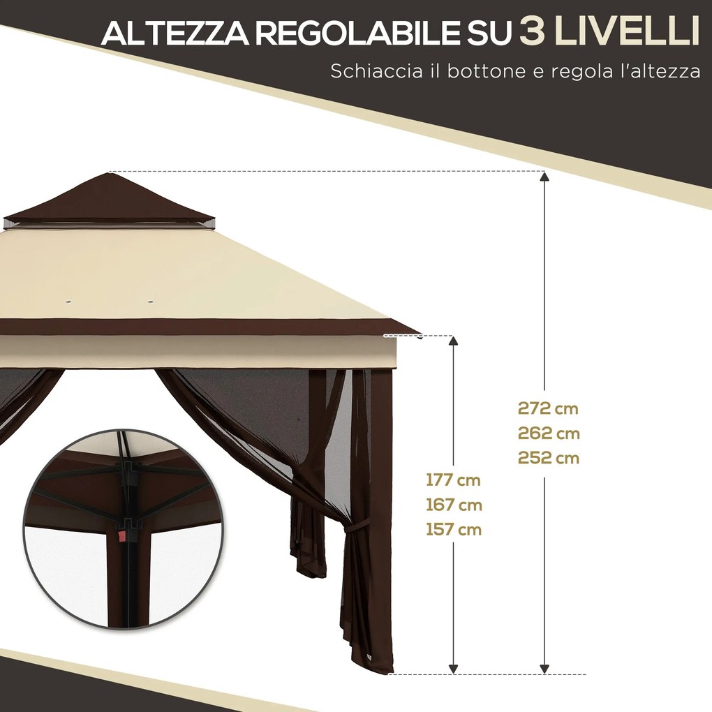 Gazebo Regolabile su 3 Livelli con Pareti Rimovibili 3x3m in Acciaio e tessuto Oxford Caffè e Beige...