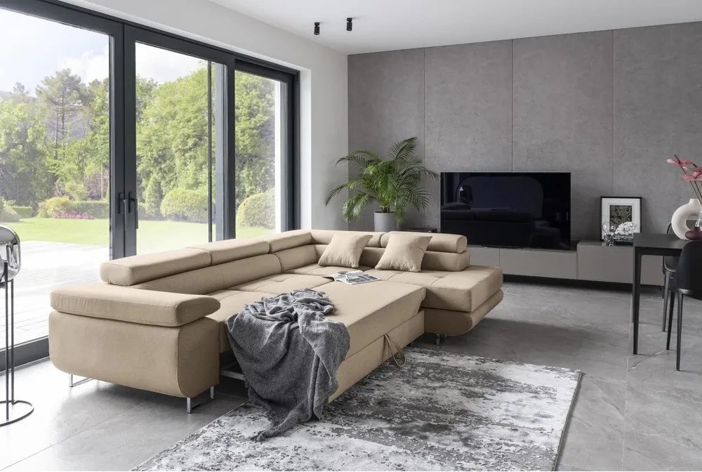 Divano angolare beige allungabile/con contenitore (con penisola a destra/a L) Anton – ELTAP