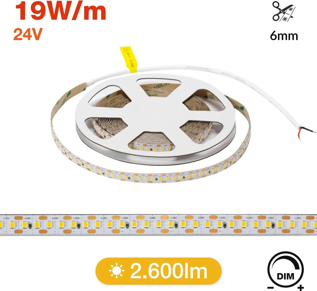 Striscia LED 24V 19W/m Tagliabile ogni 6mm Professionale - IP20 - 5 metri
