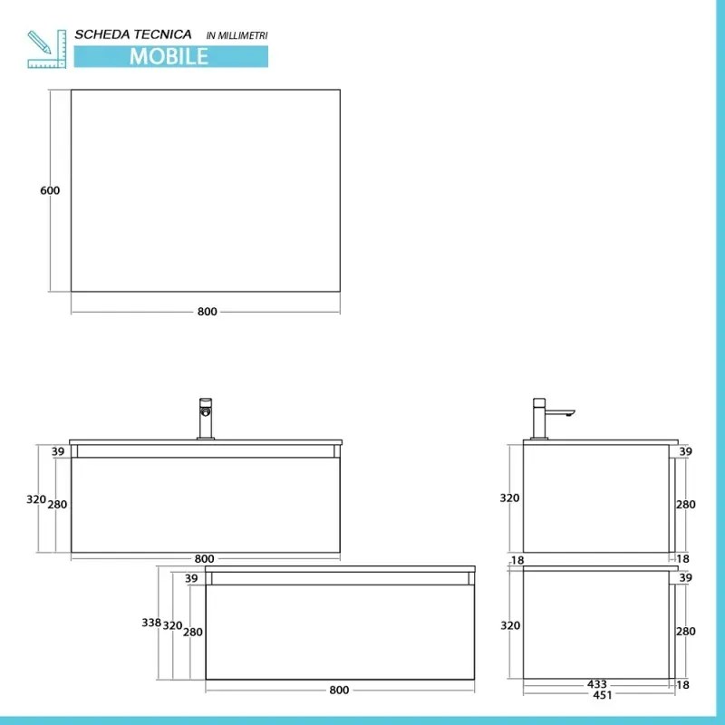 Mobile bagno sospeso 80 cm ossido e rovere con cassetto sfalsato Kleo