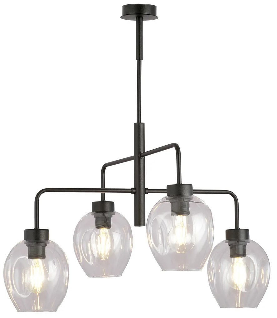 Lampadario Moderno 4 Luci Auriga In Accaio Nero E Vetro Trasparente