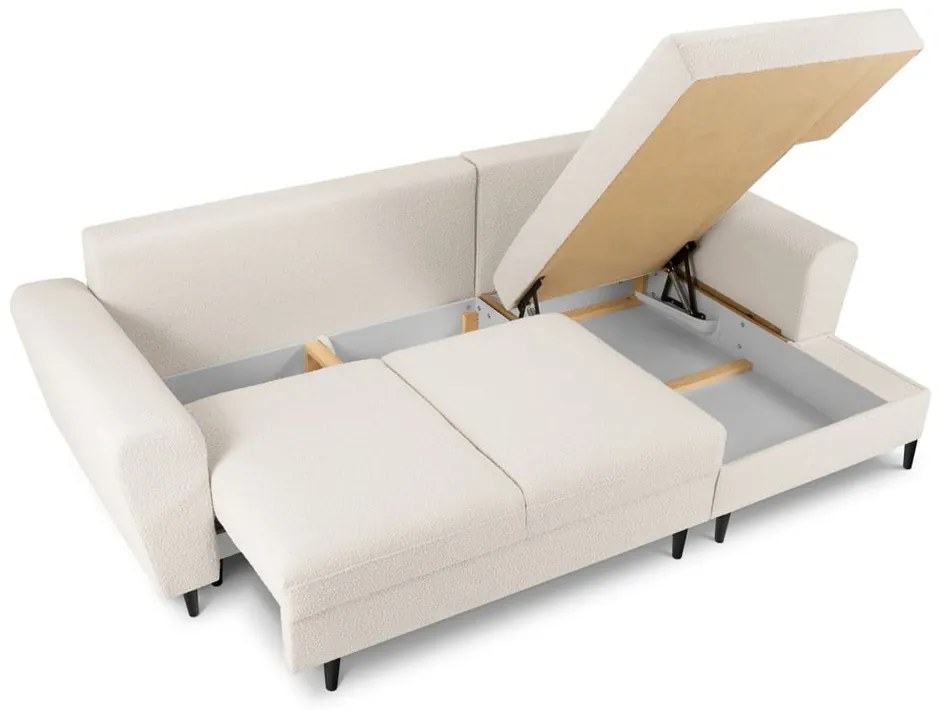 Divano angolare beige allungabile e con contenitore (con penisola a destra/con chaise lounge) con rivestimento in bouclé Kyoto – Cosmopolitan Design