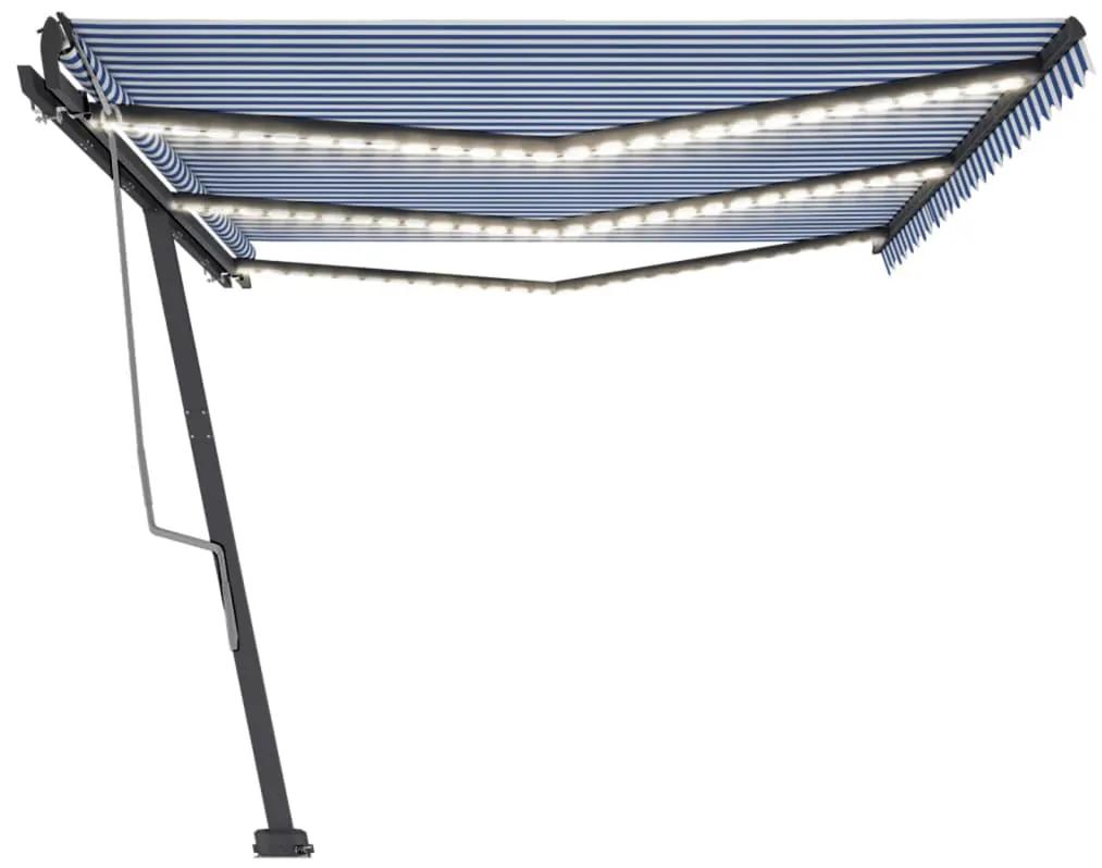 Tenda da Sole Retrattile Manuale con LED 600x300cm Blu e Bianco
