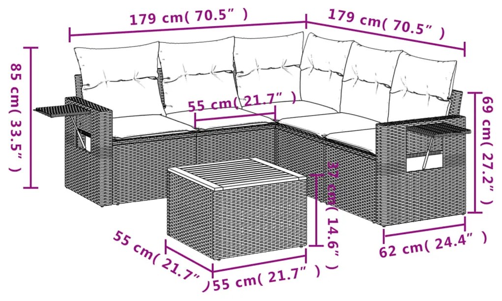 Set divano da giardino 6 pz con cuscini beige misto polyrattan