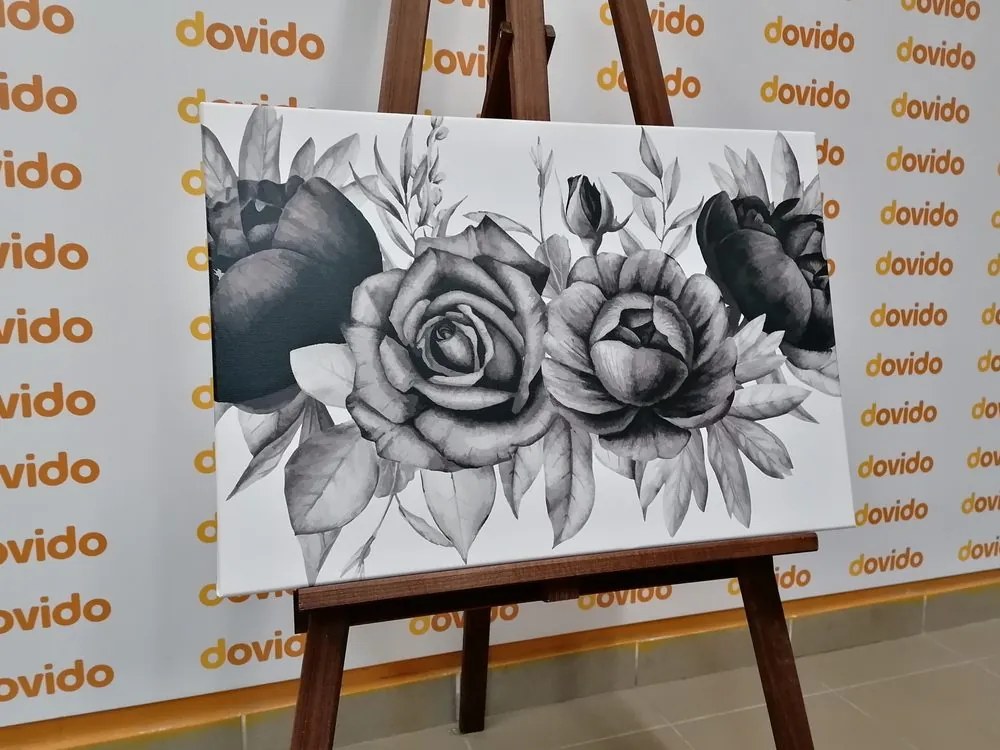 Stampa su tela – Incantevole combinazione di fiori e foglie in bianco e nero