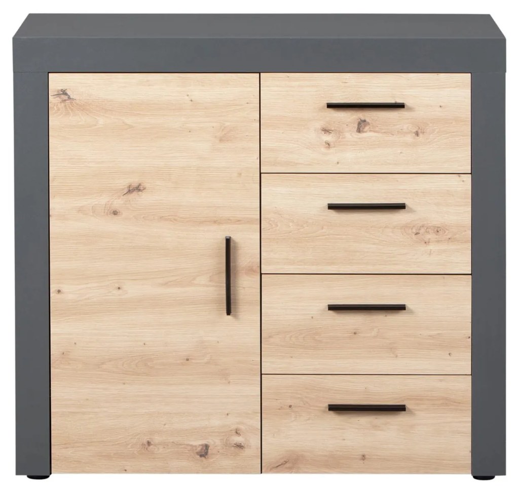 Credenza 1 anta 4 cassetti in laminato antracite e quercia