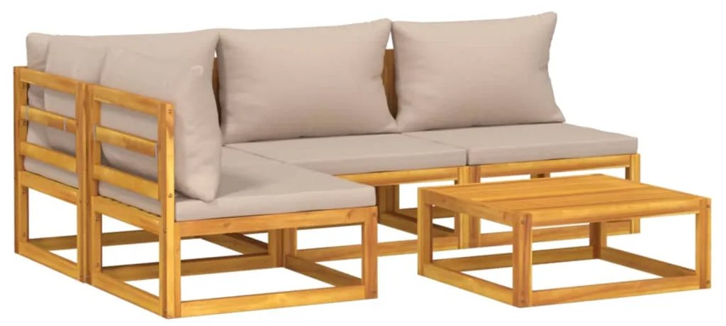 Set salotto da giardino 5pz con cuscini tortora legno massello