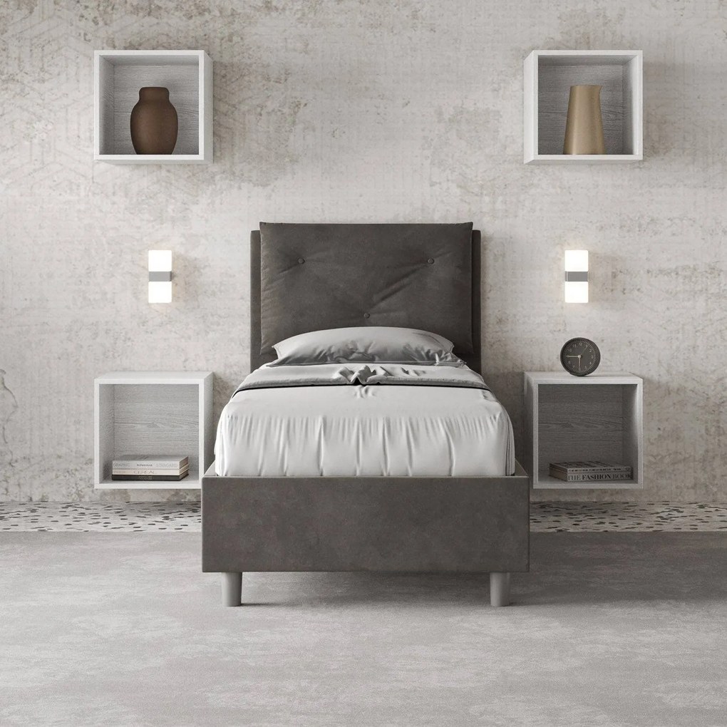 Letto singolo imbottito 80x210 microfibra Appia senza rete, con rete e contenitore, Grigio / Con Rete