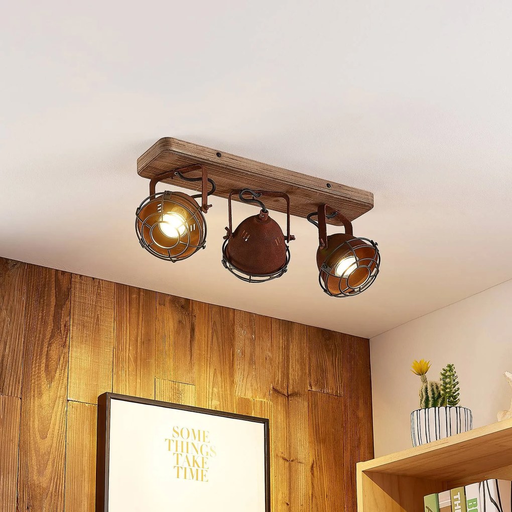 Farovi da soffitto Lindby, ruggine, 45 cm, a 3 luci, legno, GU10 dimmerabile, Marrone / Ruggine, Soggiorno / Sala da pranzo, Legno, Industriale, Faretto