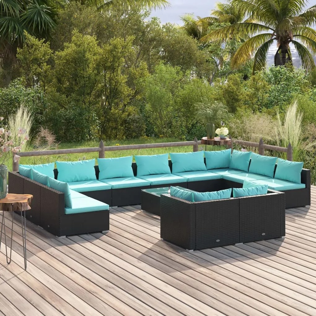 Set Divani da Giardino 13 pz con Cuscini in Polyrattan Nero