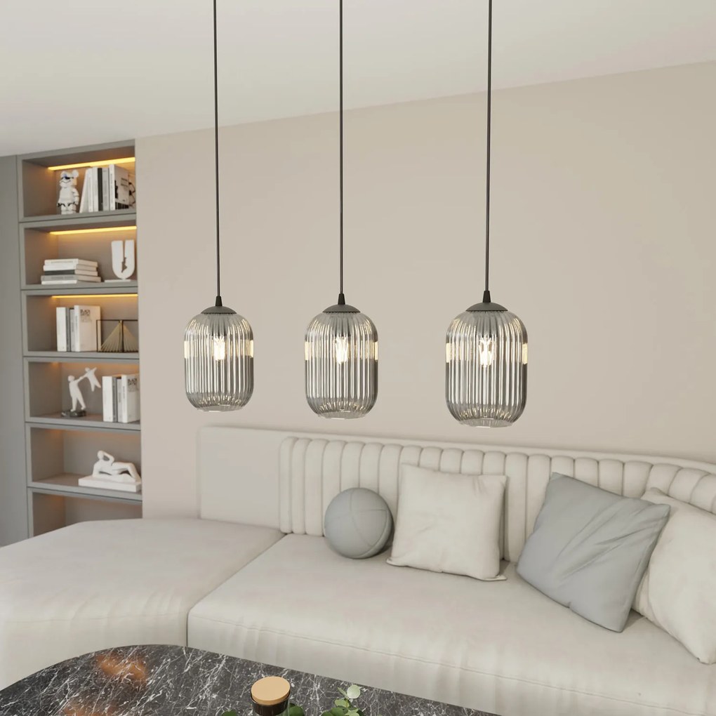 Lampadario 3 Luci Selene In Acciaio Nero E Vetri Plissettati Fumè
