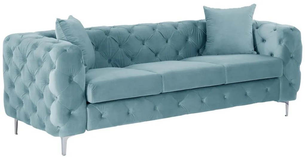 Divano 3 posti Chesterfield in velluto azzurro pastello - EDWINA