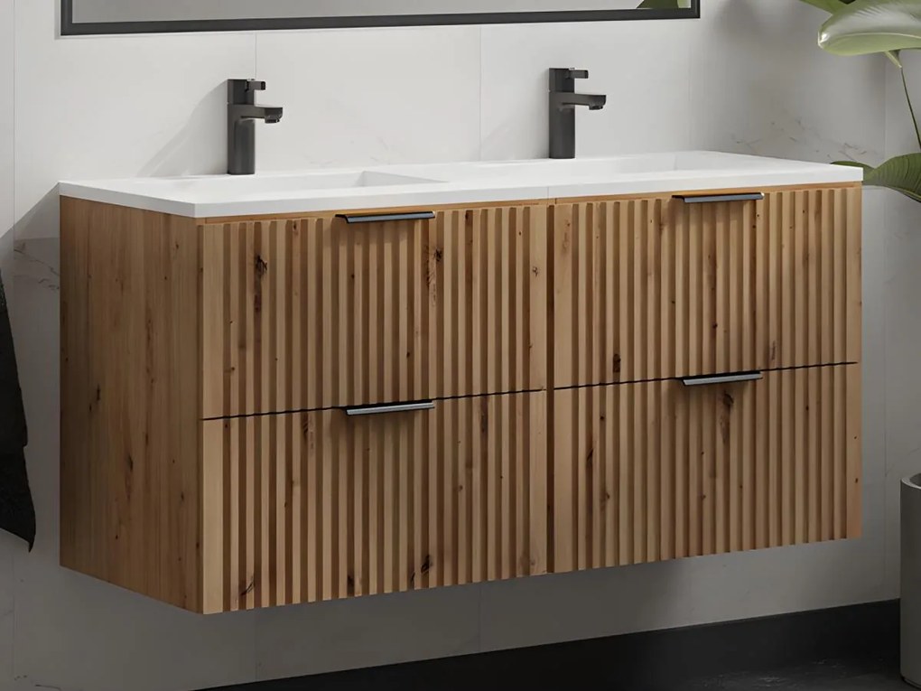 Mobile per bagno sospeso con scanalature e lavabo da incasso 120 cm Naturale chiaro - ZEVARA