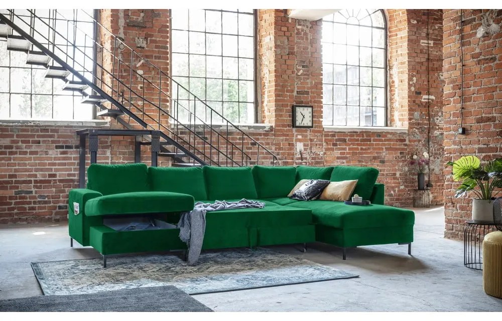 Divano letto a U in velluto verde, angolo destro Lofty Lilly - Miuform