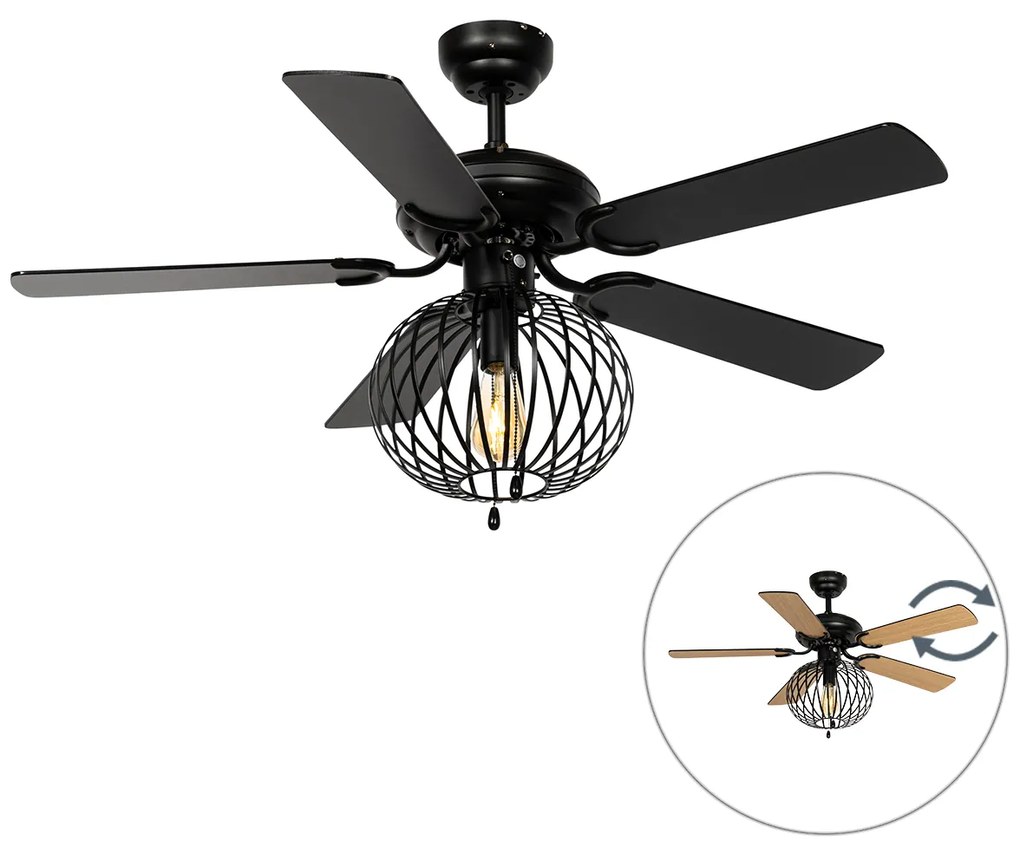 Ventilatore da soffitto nero con legno e interruttore a tirare - Mistral Johanna