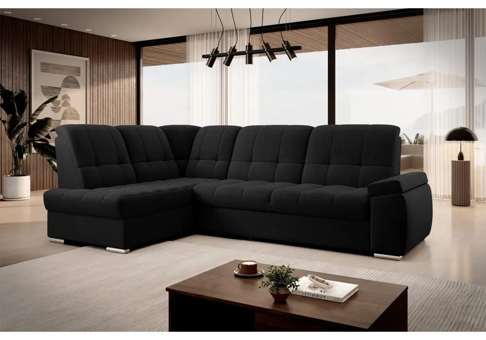 Divano angolare nero allungabile/con contenitore (con penisola a sinistra/a L) Sado – ELTAP