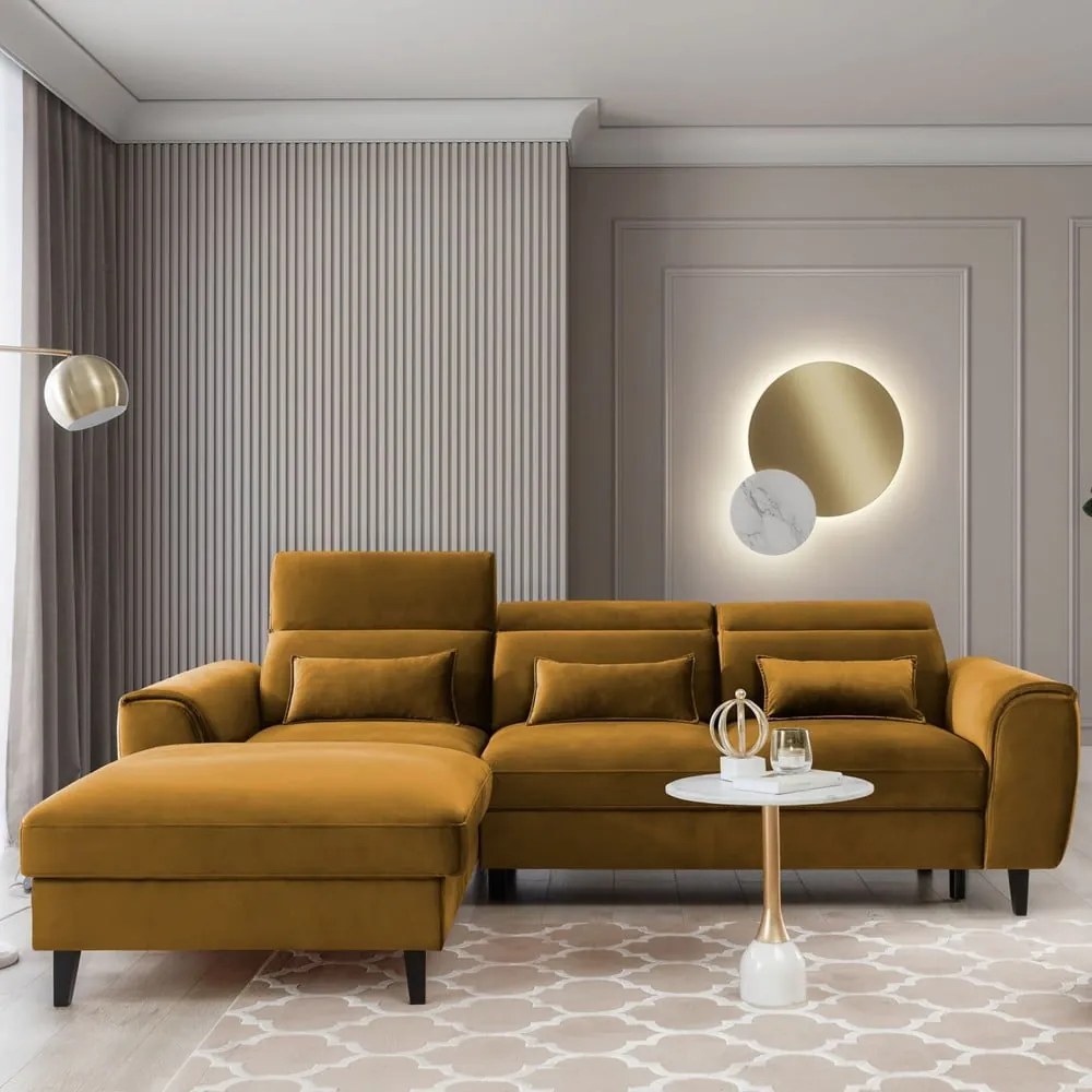 Divano angolare giallo allungabile/con contenitore (con penisola a sinistra/con chaise lounge) e rivestimento in velluto Foble – ELTAP