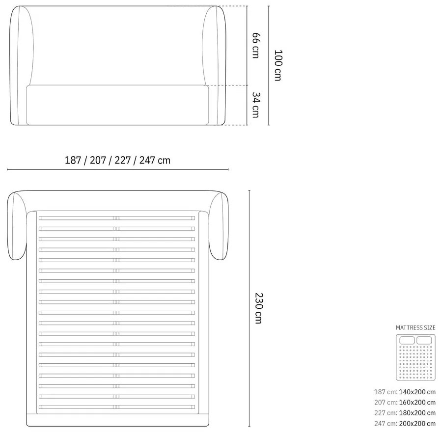 Letto matrimoniale imbottito in grigio chiaro con contenitore con rete inclusa 180x200 cm Miley – Micadoni
