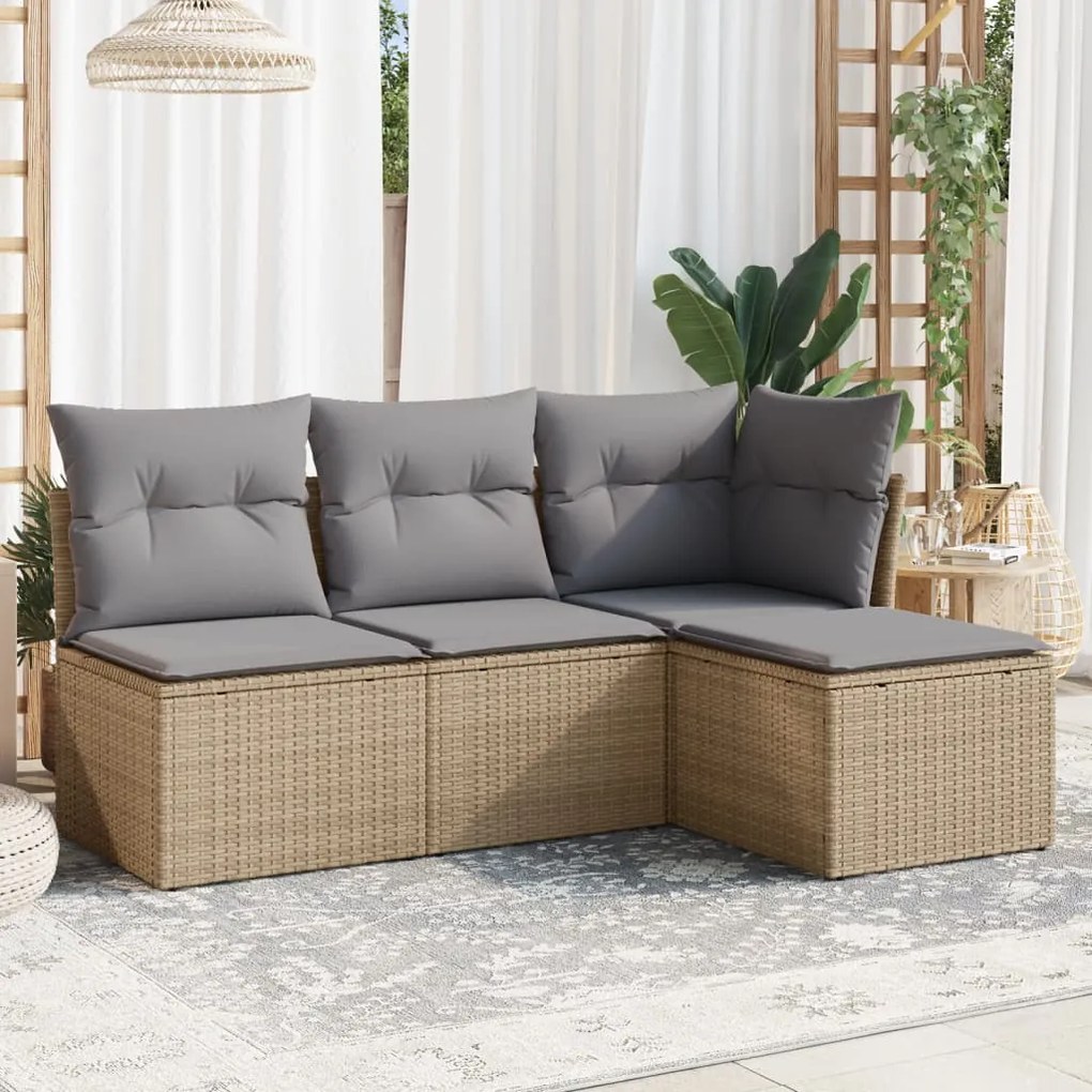 Set divano da giardino 4 pz con cuscini beige in polyrattan