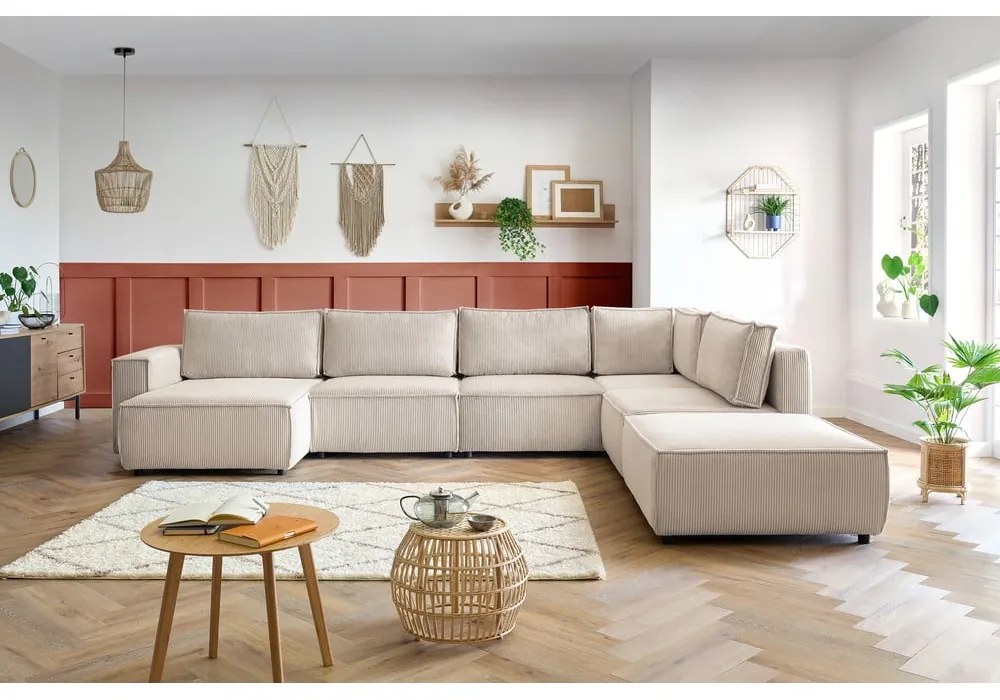 Divano a U angolare in velluto a coste color crema, angolo destro Nihad modular - Bobochic Paris