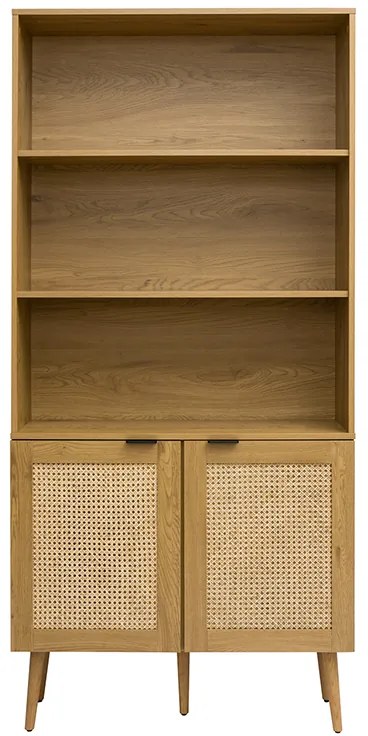 Libreria in legno chiaro, intreccio di rattan e metallo nero L90 MANILLE