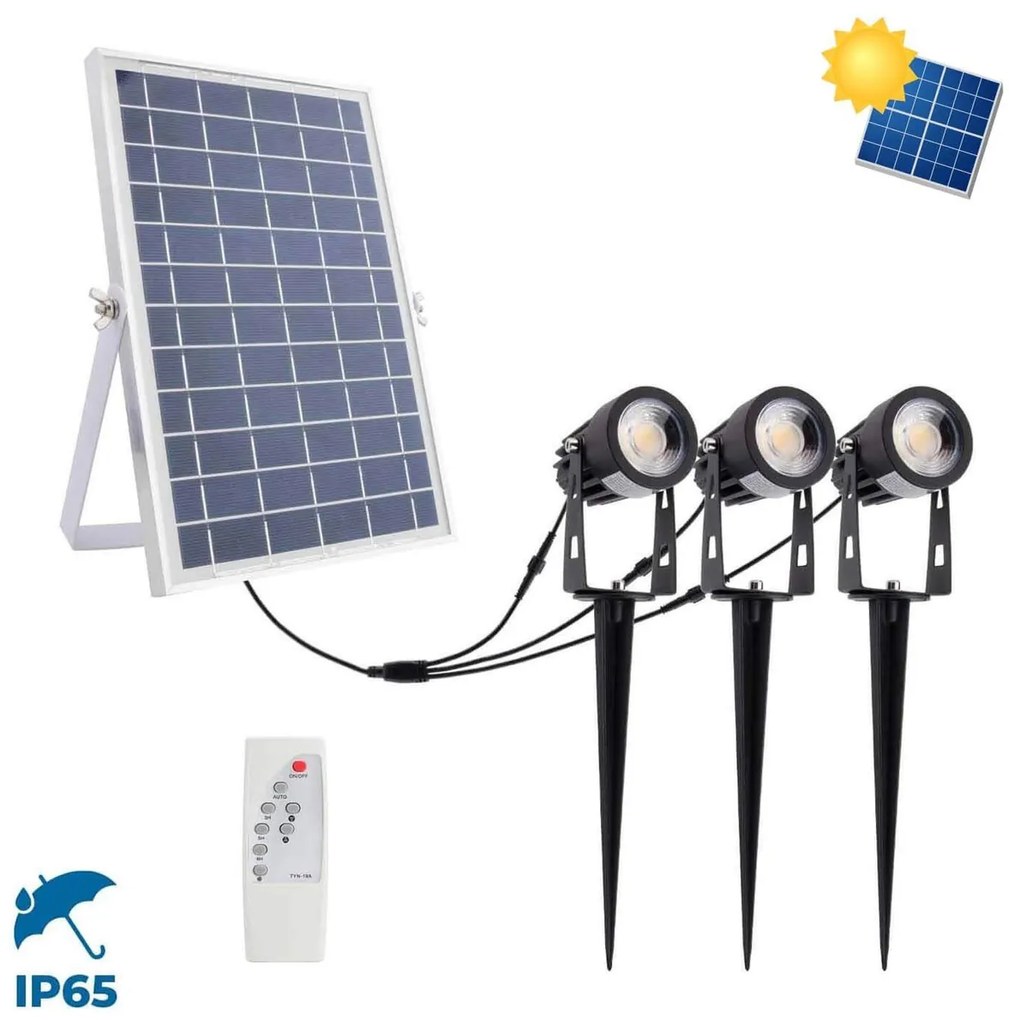 Kit 3 Faretti LED Solare con Picchetto 3x5W con Telecomando incluso Colore Bianco Naturale 4.000K