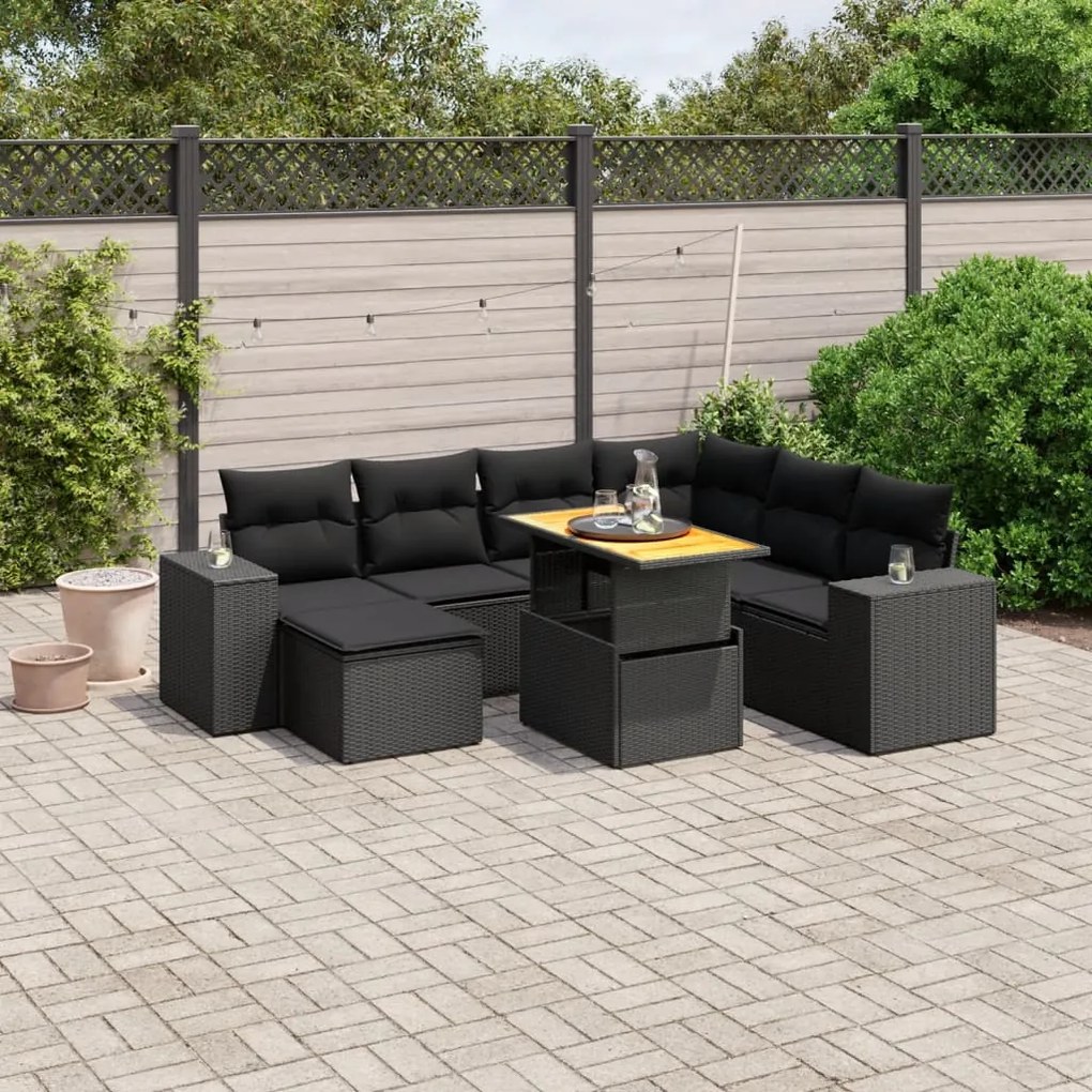 Set divani da giardino con cuscini 8 pz nero in polyrattan