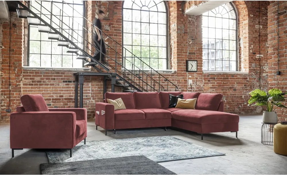 Divano letto angolare in velluto rosa (angolo destro) Lofty Lilly - Miuform