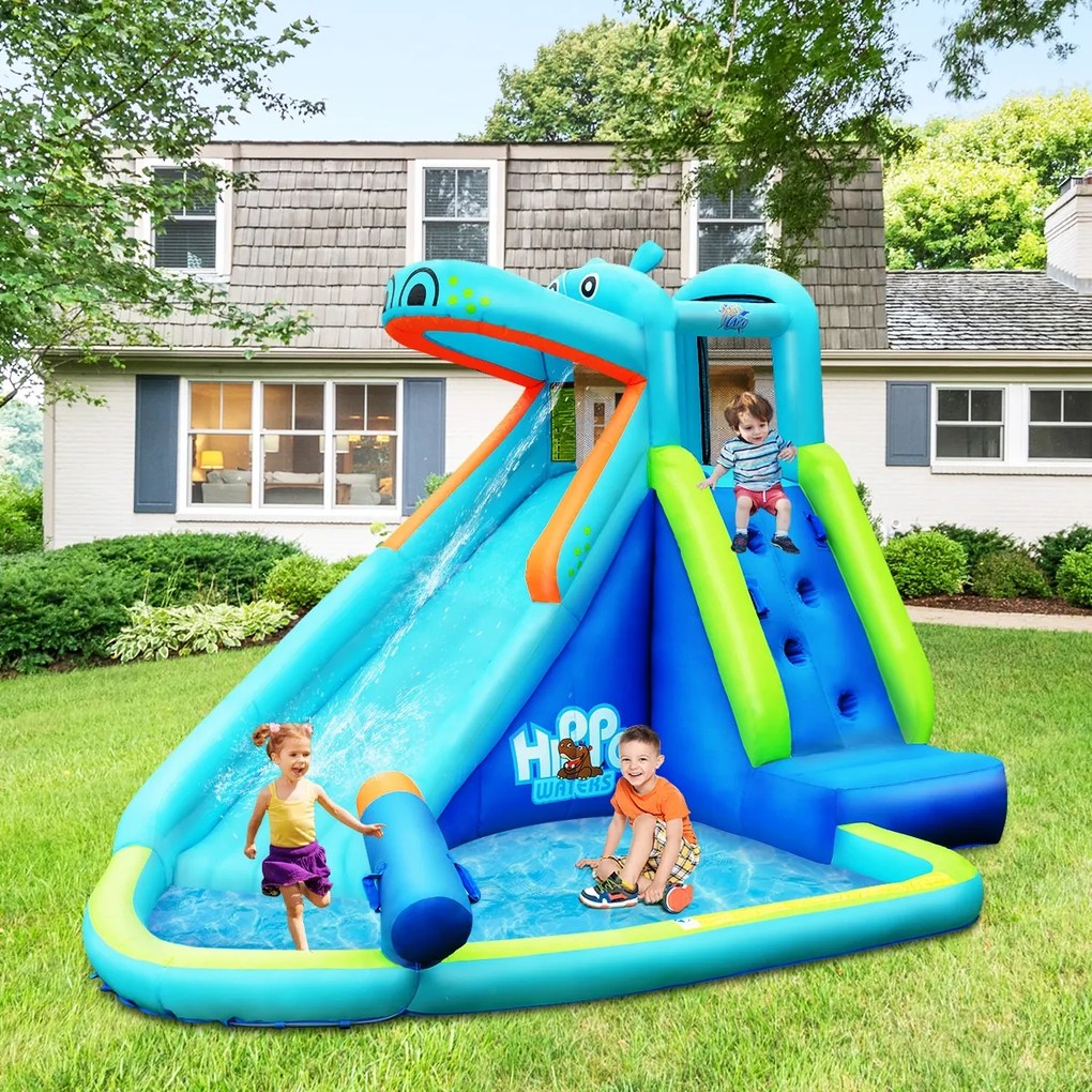 Costway Scivolo d'acqua gonfiabile a forma di ippopotamo con piscina per bambini da gioco esterno 3,5x3x2,25m Blu