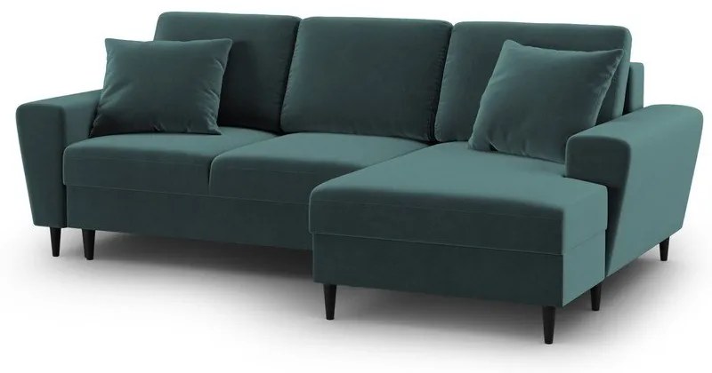 Divano angolare color petrolio allungabile e con contenitore (con penisola a destra/con chaise lounge) con rivestimento in velluto Kyoto – Cosmopolitan Design