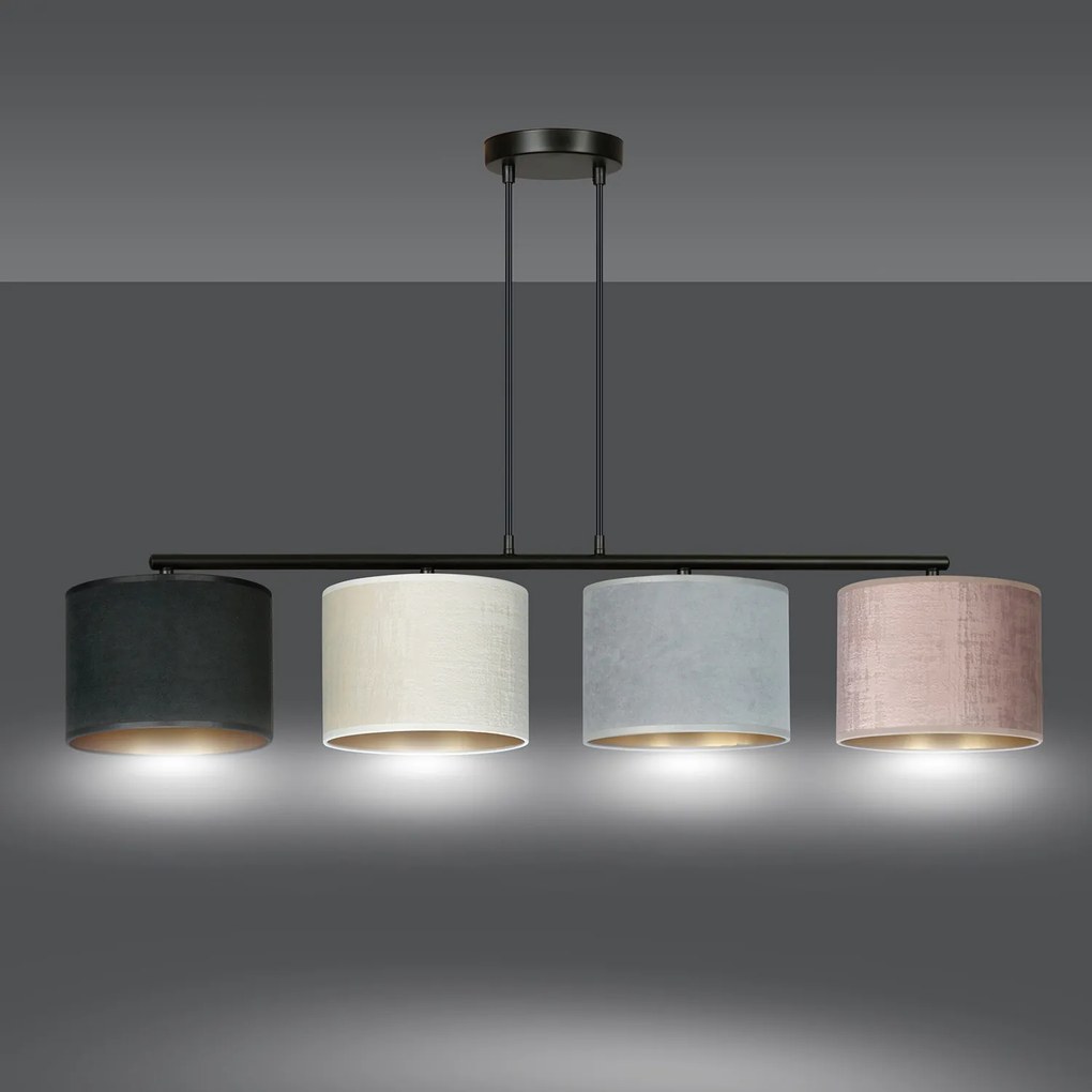 Lampadario 4 Luci Ganesha In Acciaio Nero E Paralumi In Tessuto Multicolore