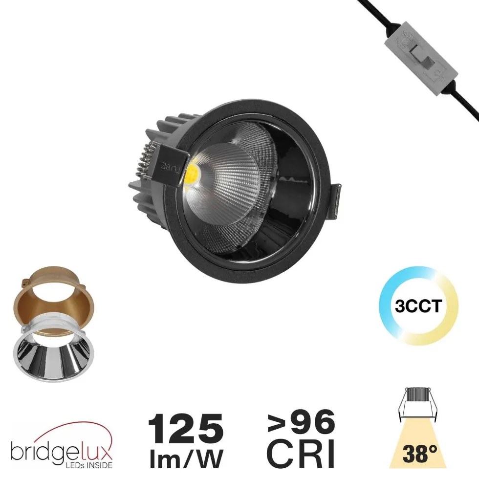 Faro da Incasso 12W Foro Ø75mm Nero IP40 CCT BRIDGELUX LED 3 Parabole Colore Bianco Variabile CCT