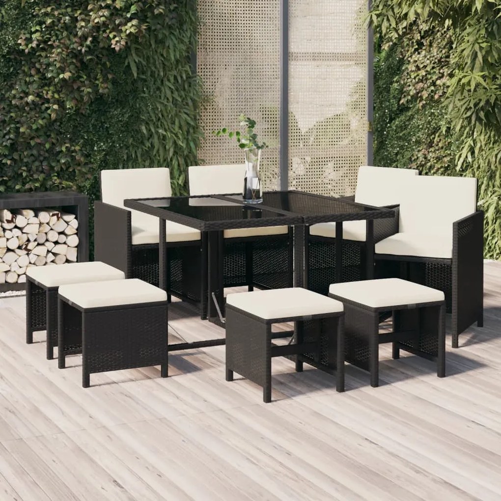 Set da pranzo da giardino 9 pz con cuscini in polyrattan nero