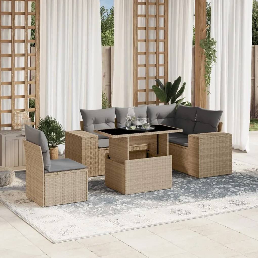 Set divano da giardino 6 pz con cuscini beige in polyrattan