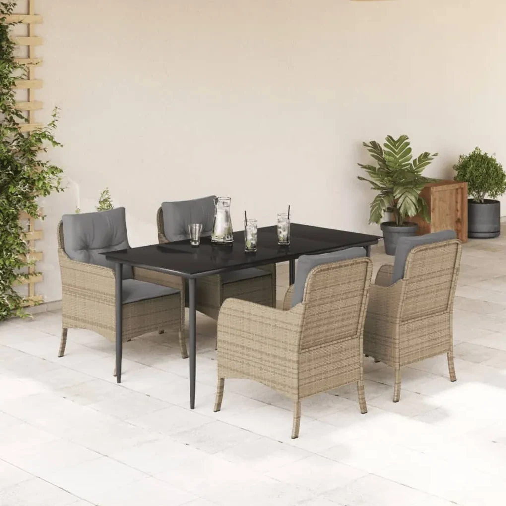 Set da pranzo da giardino 5 pz con cuscini beige in polyrattan